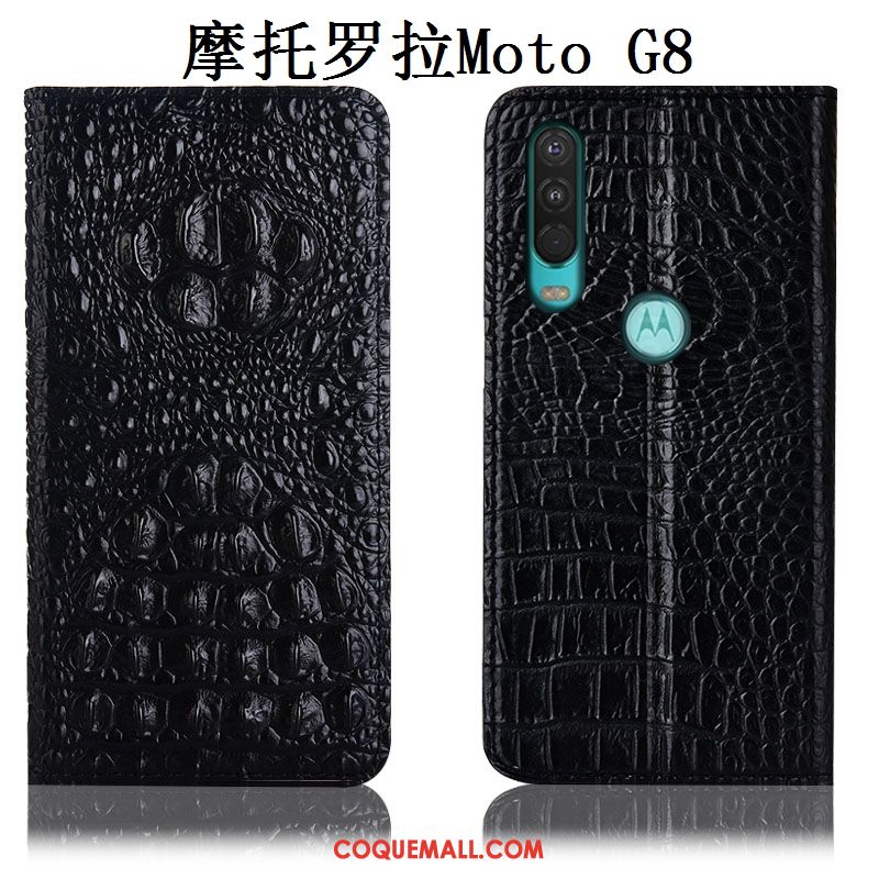Étui Moto G8 Téléphone Portable Incassable Cuir Véritable, Coque Moto G8 En Cuir Noir