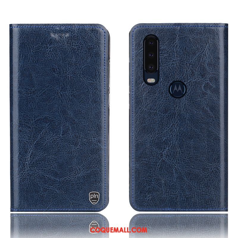 Étui Motorola One Action Bleu Cuir Véritable Téléphone Portable, Coque Motorola One Action Incassable Protection