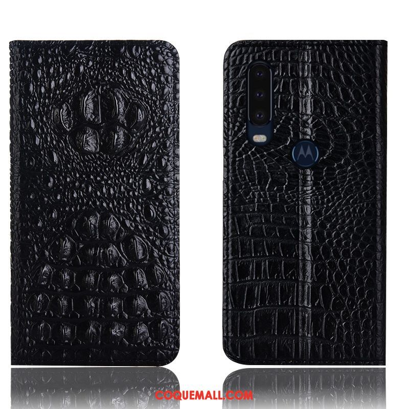 Étui Motorola One Action Téléphone Portable Noir Crocodile, Coque Motorola One Action En Cuir Incassable