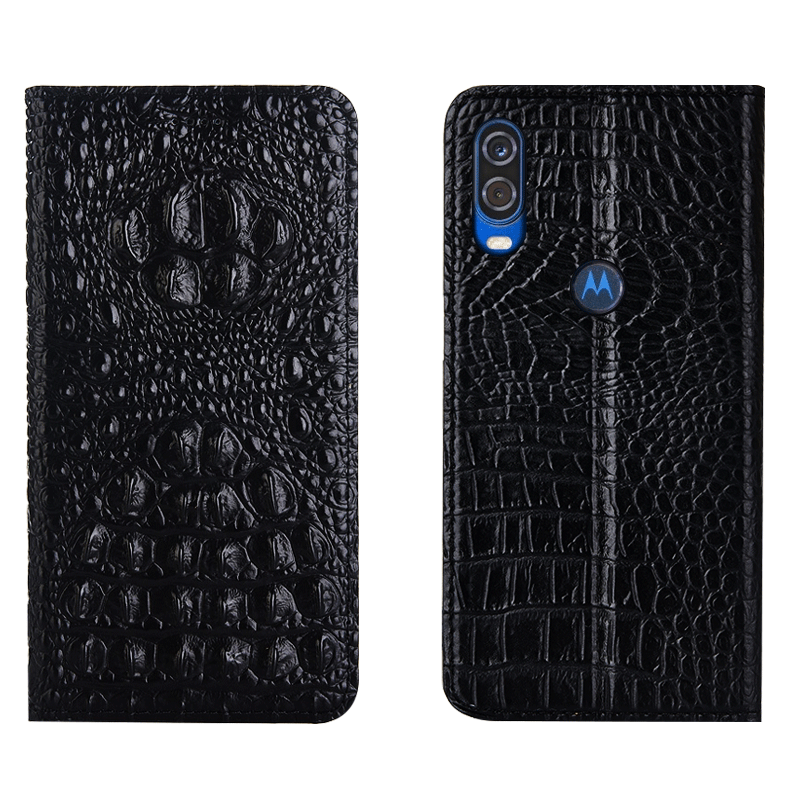 Étui Motorola One Vision Crocodile Noir Protection, Coque Motorola One Vision Cuir Véritable Tout Compris