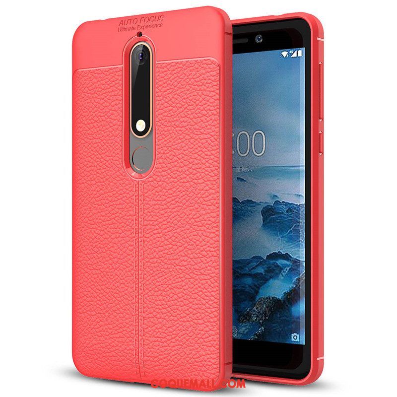 Étui Nokia 6.1 Fluide Doux Téléphone Portable Litchi, Coque Nokia 6.1 Simple Rouge