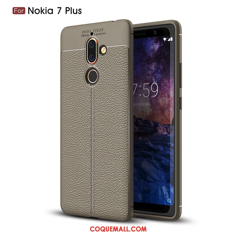 Étui Nokia 7 Plus Litchi Protection Fluide Doux, Coque Nokia 7 Plus Gris Modèle Fleurie