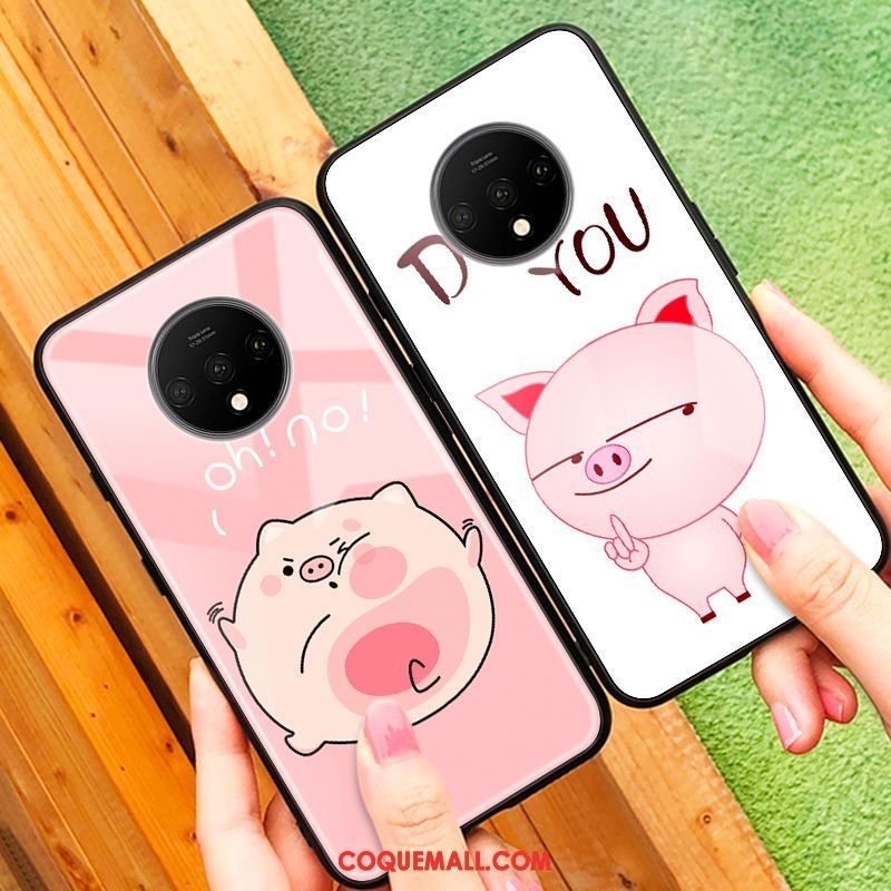 Étui Oneplus 7t Créatif Protection Verre Trempé, Coque Oneplus 7t Téléphone Portable Rose