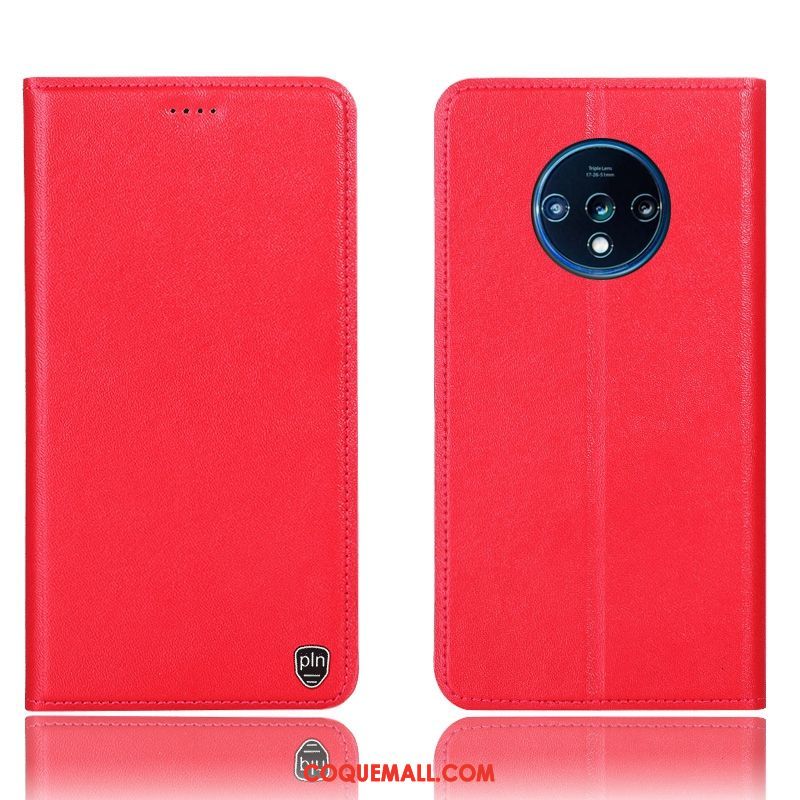 Étui Oneplus 7t Cuir Véritable Téléphone Portable En Cuir, Coque Oneplus 7t Protection Rouge