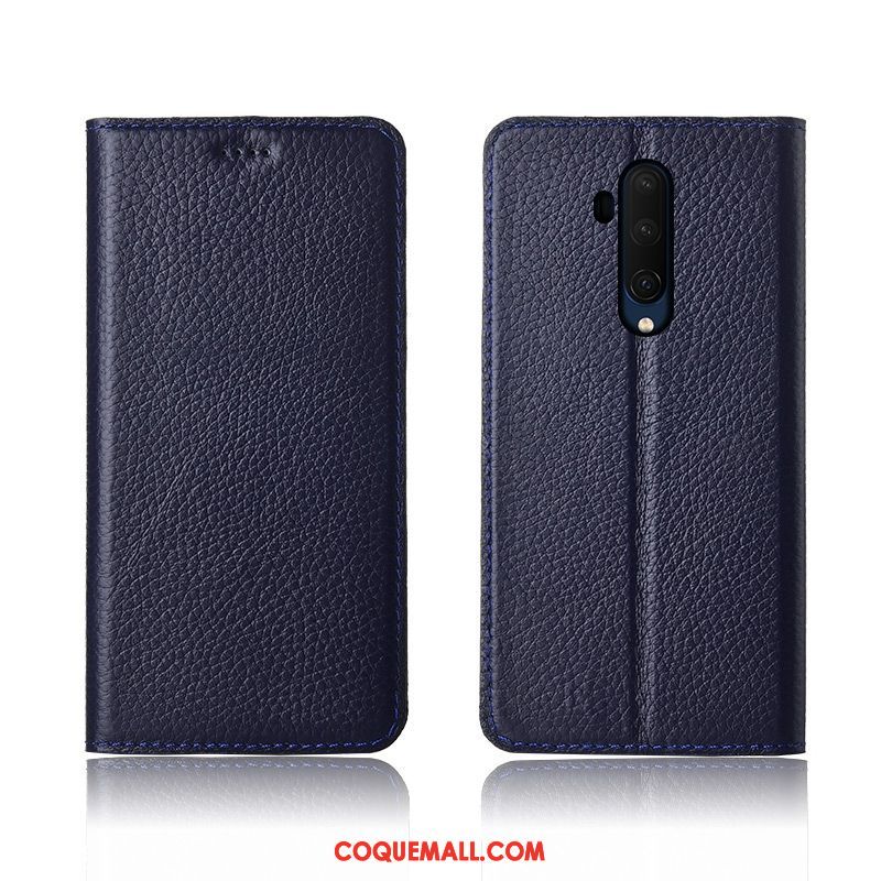 Étui Oneplus 7t Pro Bleu Marin En Cuir Cuir Véritable, Coque Oneplus 7t Pro Litchi Incassable