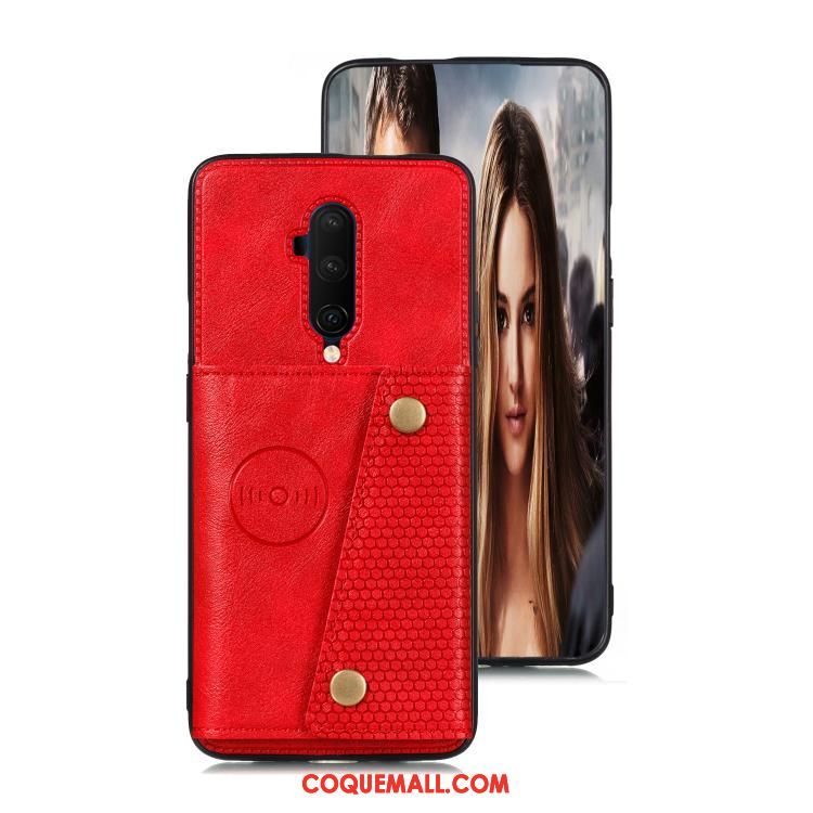 Étui Oneplus 7t Pro Carte En Cuir Protection, Coque Oneplus 7t Pro Téléphone Portable Rouge
