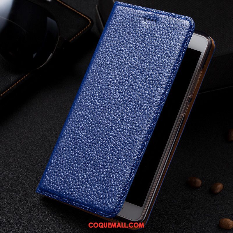 Étui Oppo F7 Youth Bleu Protection Cuir Véritable, Coque Oppo F7 Youth Litchi Téléphone Portable