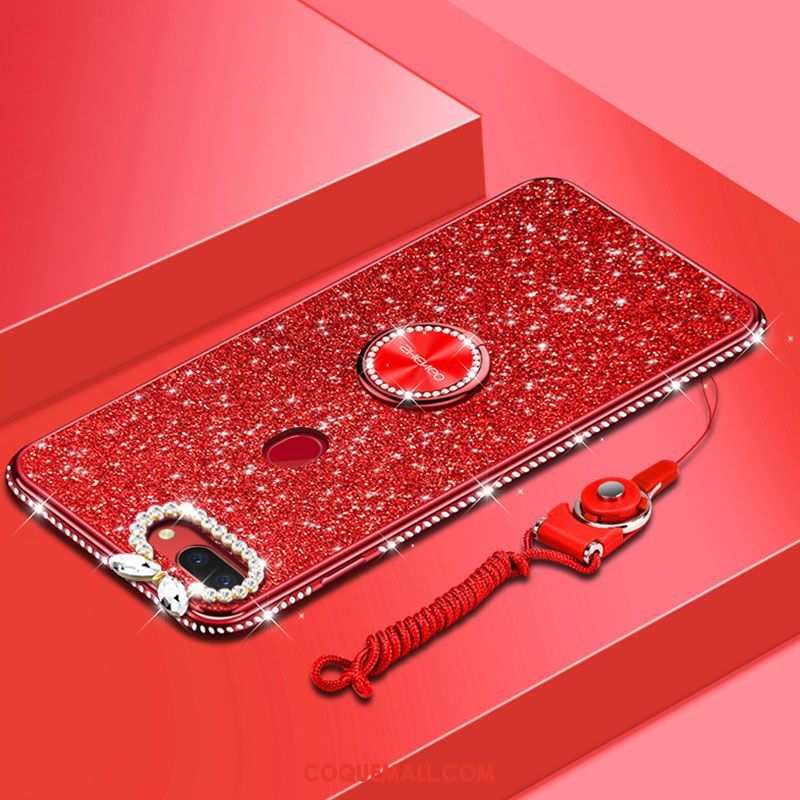 Étui Oppo F9 Rouge Support Cou Suspendu, Coque Oppo F9 Net Rouge Tendance