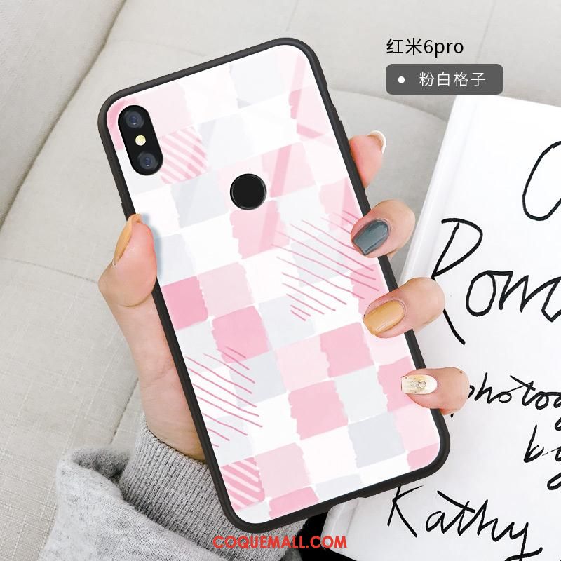 Étui Redmi Note 6 Pro Plaid Verre Dessin Animé, Coque Redmi Note 6 Pro Téléphone Portable Colorée Beige