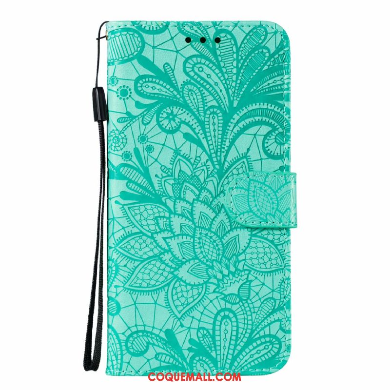 Étui Samsung Galaxy A21s Vert En Cuir Dentelle, Coque Samsung Galaxy A21s Fleur Téléphone Portable