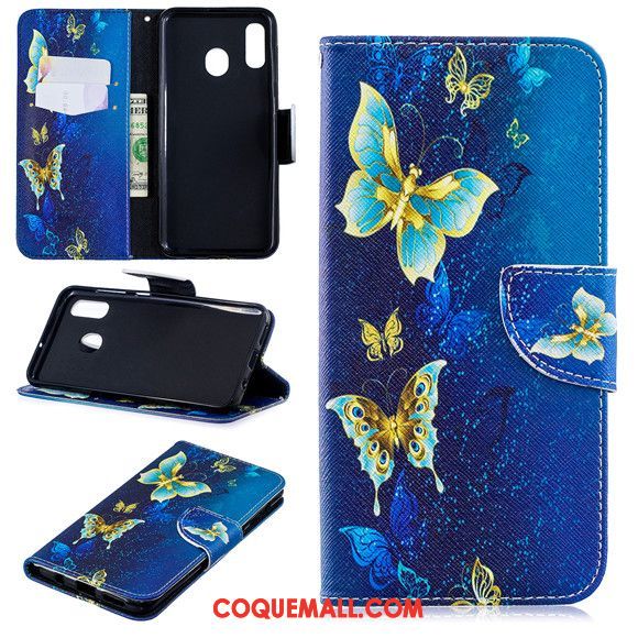 Étui Samsung Galaxy A40 Bleu Clamshell En Cuir, Coque Samsung Galaxy A40 Protection Étoile