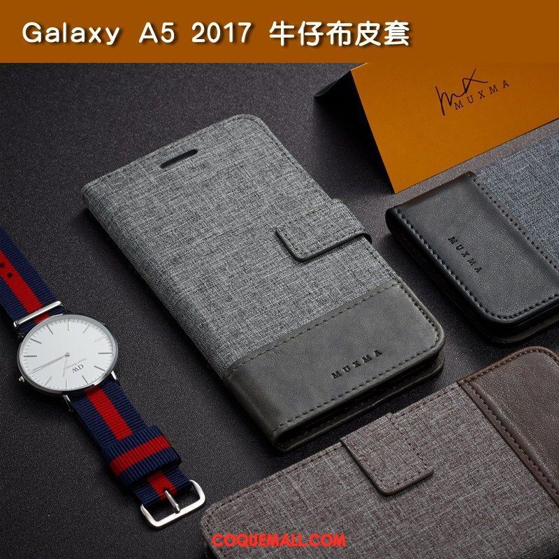 Étui Samsung Galaxy A5 2017 Étui En Cuir Portefeuille Protection, Coque Samsung Galaxy A5 2017 Étoile Gris