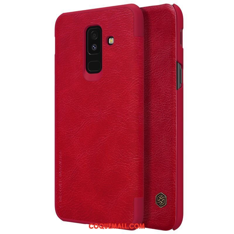 Étui Samsung Galaxy A6+ Cuir Véritable Clamshell Rouge, Coque Samsung Galaxy A6+ Téléphone Portable Étui En Cuir