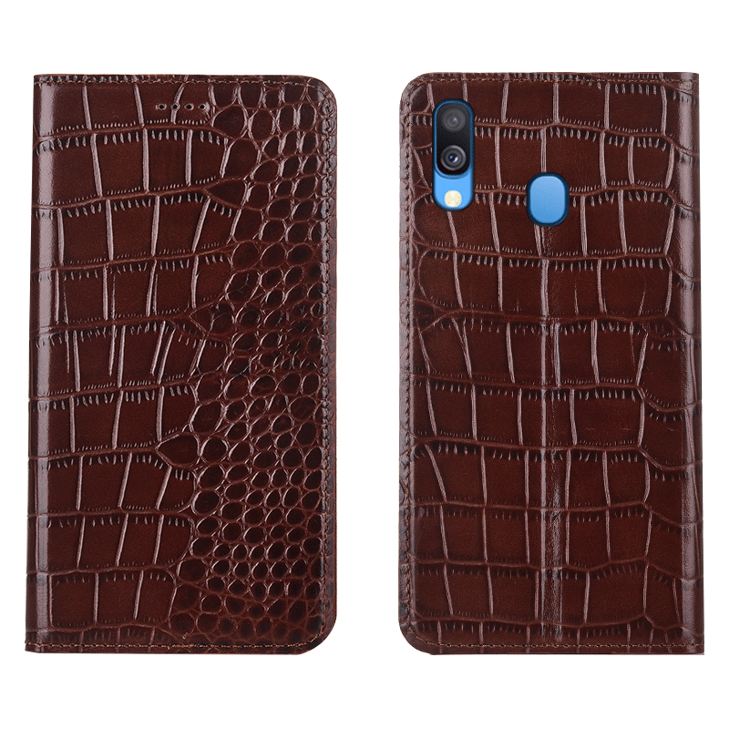 Étui Samsung Galaxy M20 Téléphone Portable Tout Compris Crocodile, Coque Samsung Galaxy M20 Cuir Véritable Protection Braun