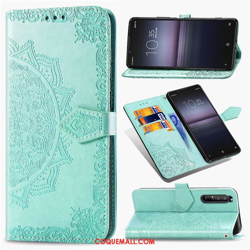 Étui Sony Xperia 1 Ii En Cuir Protection Gaufrage, Coque Sony Xperia 1 Ii Vert Téléphone Portable