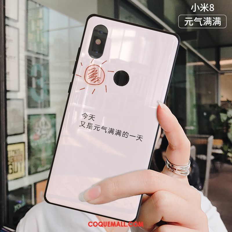 Étui Xiaomi Mi 8 Silicone Verre Trempé Incassable, Coque Xiaomi Mi 8 Blanc Protection Beige