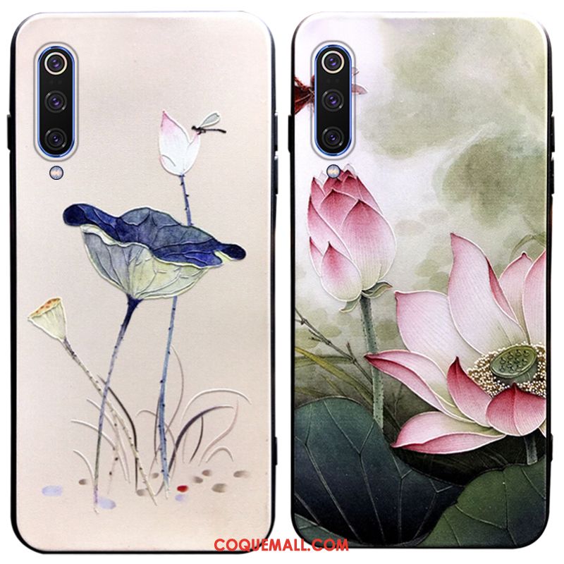 Étui Xiaomi Mi 9 Très Mince Fleur Incassable, Coque Xiaomi Mi 9 Bordure Vintage Beige