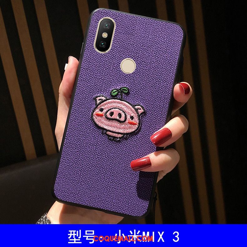 Étui Xiaomi Mi Mix 3 Fluide Doux Broderie Incassable, Coque Xiaomi Mi Mix 3 Violet Charmant Beige