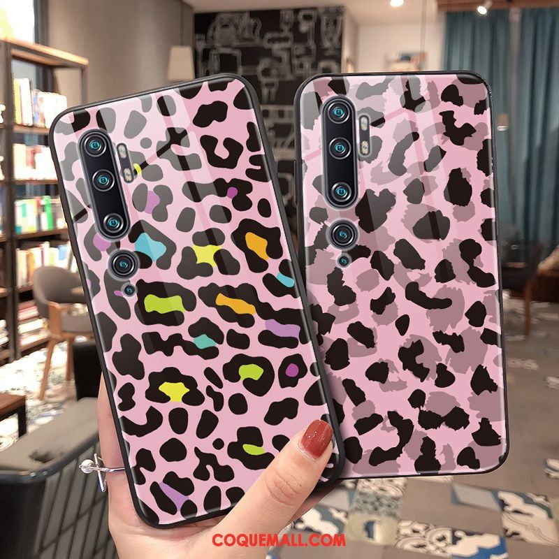 Étui Xiaomi Mi Note 10 Rose Téléphone Portable Léopard, Coque Xiaomi Mi Note 10 Créatif Verre Beige