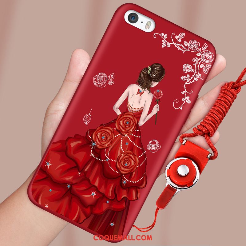 Étui iPhone 5 / 5s Simple Délavé En Daim Rouge, Coque iPhone 5 / 5s Ornements Suspendus Silicone