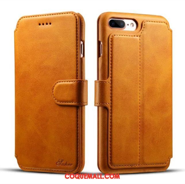 Étui iPhone 7 Plus Cuir Véritable Jaune Carte, Coque iPhone 7 Plus Téléphone Portable Étui En Cuir