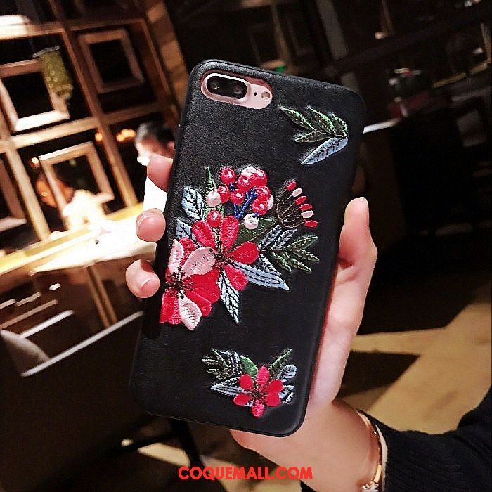 Étui iPhone 7 Plus Marque De Tendance Broderie Fleur, Coque iPhone 7 Plus Étui En Cuir Téléphone Portable