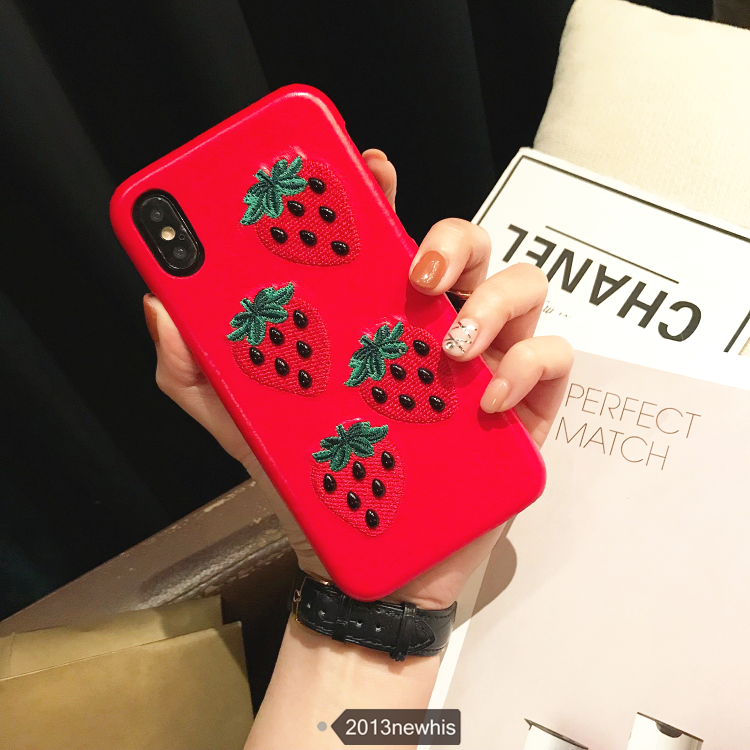 Étui iPhone X Fraise Étui En Cuir Rouge, Coque iPhone X Téléphone Portable Grande Marque