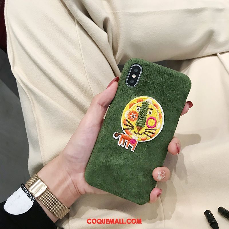 Étui iPhone Xs Dessin Animé Broderie Charmant, Coque iPhone Xs Téléphone Portable Vert